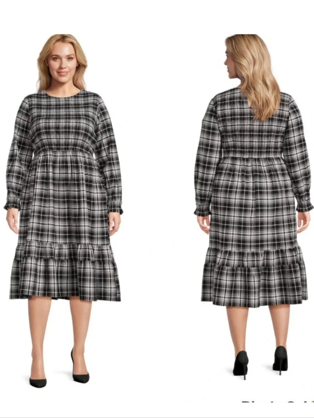 Terra & Sky Plus Plaid Ruffle Tiered Dress Black White 100% Cotton Long Sleeves